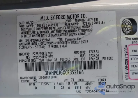 2012 Ford Fusion Sel from USA, damaged, VIN 3FAHP0JGXCR352166